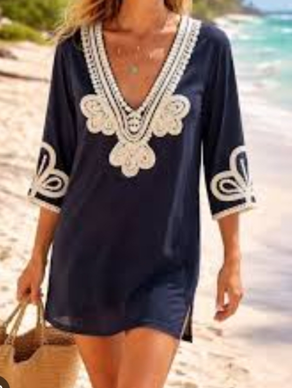 J. Crew Navy Swim Cover-Up with White Embroidery XL